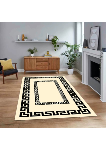 Dijital Baskılı Kaymaz Taban Yıkanabilir Çerçeveli Mutfak Salon Halısı, V-Çerçeveli-47-Krem,