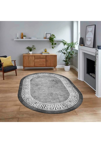 Dijital Kaymaz Taban Yıkanabilir Oval Çerçeveli Mutfak Salon Halısı, V-O-Çerçeveli-36-Gri,
