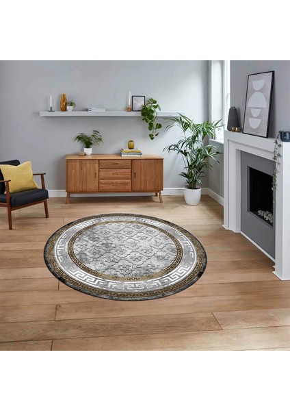 Dijital Kaymaz Taban Yıkanabilir Yuvarlak Çerçeveli Mutfak Salon Halısı, V-Y-Çerçeveli-10-Kahve,