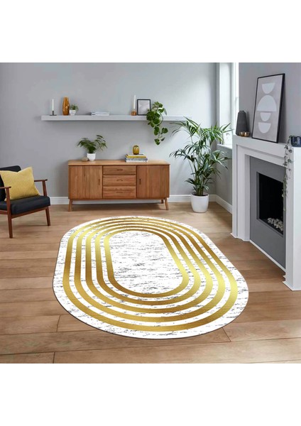 Dijital Kaymaz Taban Yıkanabilir Oval Çerçeveli Mutfak Salon Halısı, V-O-Çerçeveli-41-Gold,