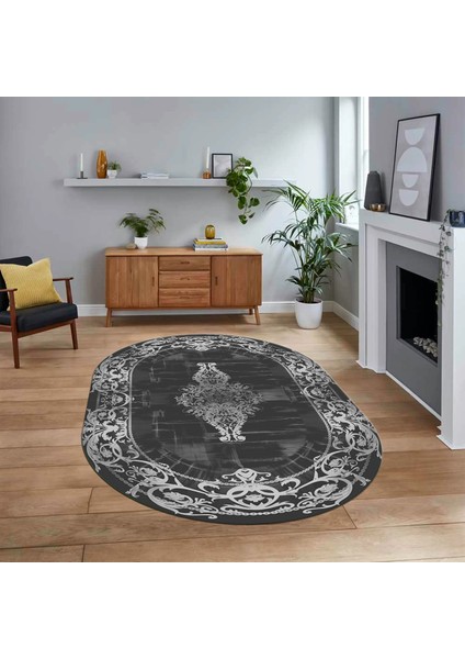 Dijital Kaymaz Taban Yıkanabilir Oval Çerçeveli Mutfak Salon Halısı, V-O-Çerçeveli-19-Antrasit,