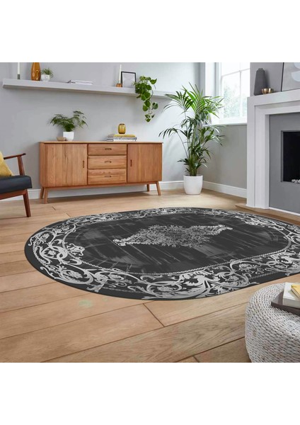 Dijital Kaymaz Taban Yıkanabilir Oval Çerçeveli Mutfak Salon Halısı, V-O-Çerçeveli-19-Antrasit, fiyatları