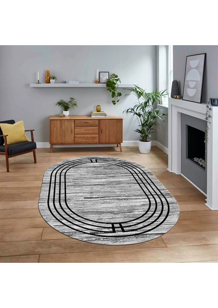 Dijital Kaymaz Taban Yıkanabilir Oval Çerçeveli Mutfak Salon Halısı, V-O-Çerçeveli-42-Gri,