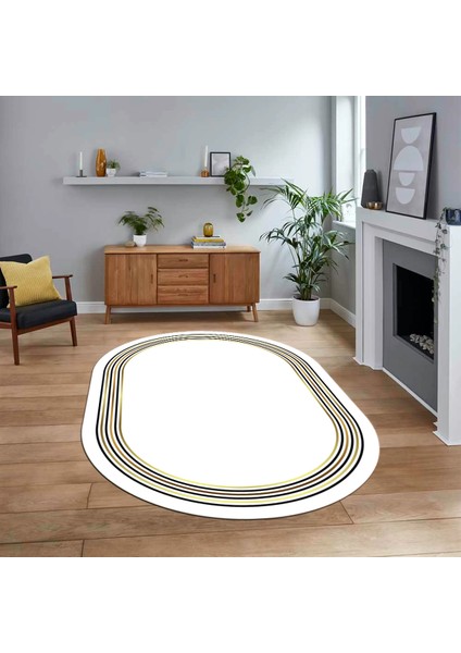 Dijital Kaymaz Taban Yıkanabilir Oval Çerçeveli Mutfak Salon Halısı, V-O-Çerçeveli-45-Beyaz,