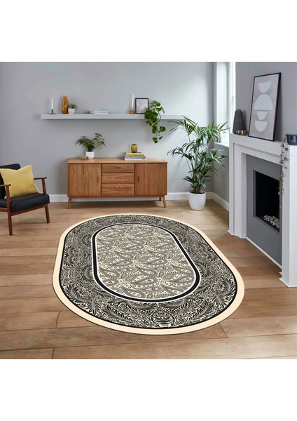 Dijital Kaymaz Taban Yıkanabilir Oval Çerçeveli Mutfak Salon Halısı, V-O-Çerçeveli-37-Krem,