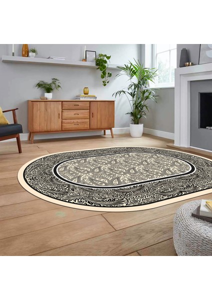 Dijital Kaymaz Taban Yıkanabilir Oval Çerçeveli Mutfak Salon Halısı, V-O-Çerçeveli-37-Krem, fiyatları