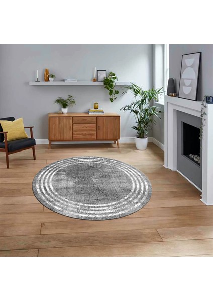 Dijital Kaymaz Taban Yıkanabilir Yuvarlak Çerçeveli Mutfak Salon Halısı, V-Y-Çerçeveli-32-Gri,