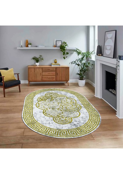 Dijital Kaymaz Taban Yıkanabilir Oval Çerçeveli Mutfak Salon Halısı, V-O-Çerçeveli-04-Sarı,