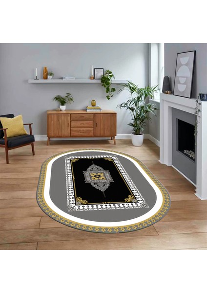 Dijital Kaymaz Taban Yıkanabilir Oval Çerçeveli Mutfak Salon Halısı, V-O-Çerçeveli-23-Sarı,