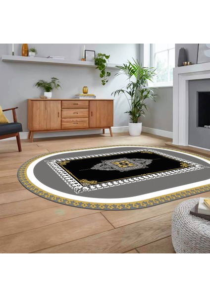 Dijital Kaymaz Taban Yıkanabilir Oval Çerçeveli Mutfak Salon Halısı, V-O-Çerçeveli-23-Sarı,