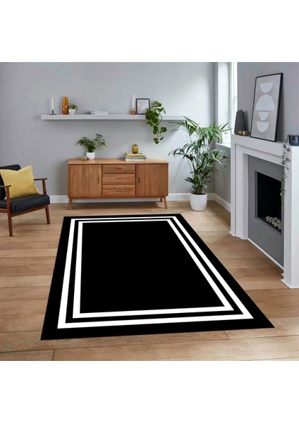 Dijital Baskılı Kaymaz Taban Yıkanabilir Çerçeveli Mutfak Salon Halısı, V-Çerçeveli-38-Siyah,