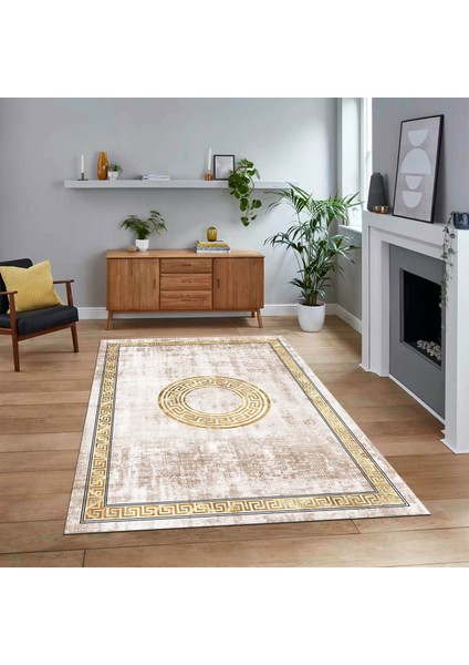 Dijital Baskılı Kaymaz Taban Yıkanabilir Çerçeveli Mutfak Salon Halısı, V-Çerçeveli-12-Krem,