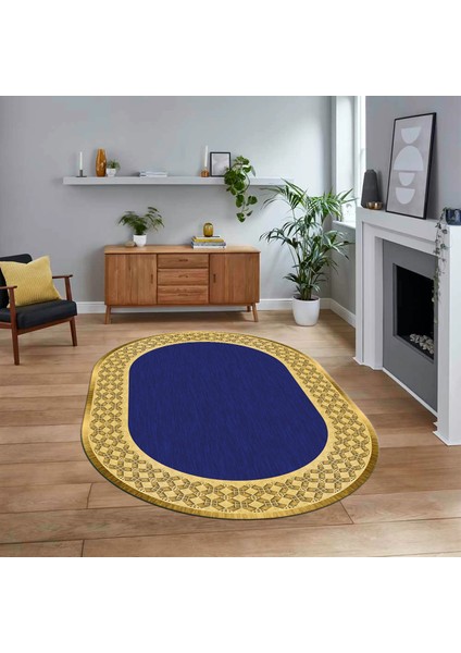 Dijital Kaymaz Taban Yıkanabilir Oval Çerçeveli Mutfak Salon Halısı, V-O-Çerçeveli-29-Lacivert,