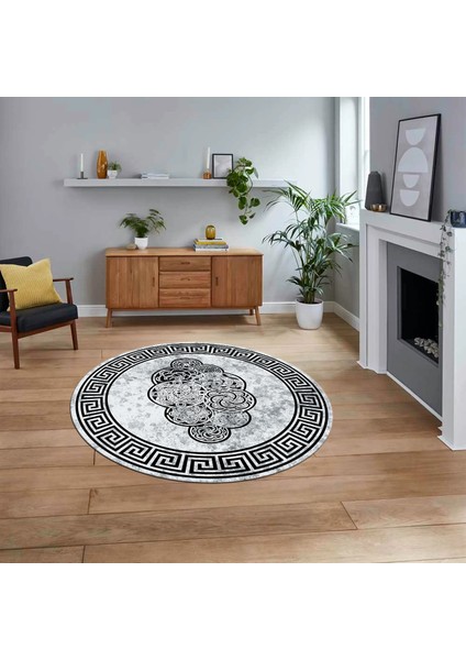 Dijital Kaymaz Taban Yıkanabilir Yuvarlak Çerçeveli Mutfak Salon Halısı, V-Y-Çerçeveli-04-Siyah,