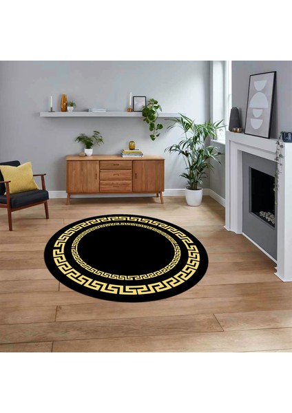 Dijital Kaymaz Taban Yıkanabilir Yuvarlak Çerçeveli Mutfak Salon Halısı, V-Y-Çerçeveli-47-Siyah,