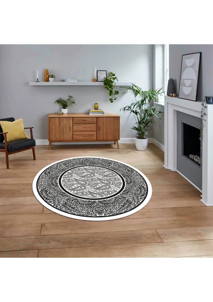 Dijital Kaymaz Taban Yıkanabilir Yuvarlak Çerçeveli Mutfak Salon Halısı, V-Y-Çerçeveli-37-Beyaz,