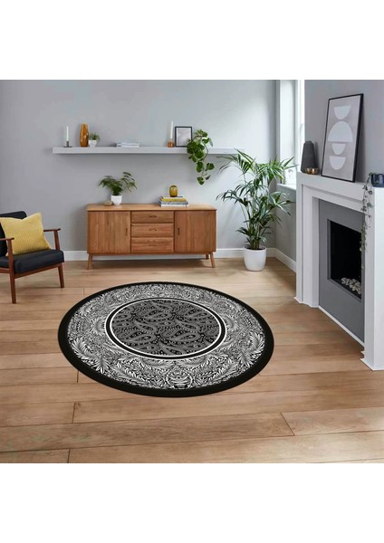 Dijital Kaymaz Taban Yıkanabilir Yuvarlak Çerçeveli Mutfak Salon Halısı, V-Y-Çerçeveli-37-Siyah,