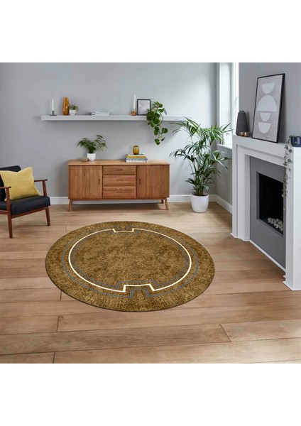 Dijital Kaymaz Taban Yıkanabilir Yuvarlak Çerçeveli Mutfak Salon Halısı, V-Y-Çerçeveli-50-Kahve,