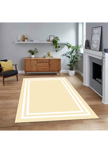 Dijital Baskılı Kaymaz Taban Yıkanabilir Çerçeveli Mutfak Salon Halısı, V-Çerçeveli-38-Krem,