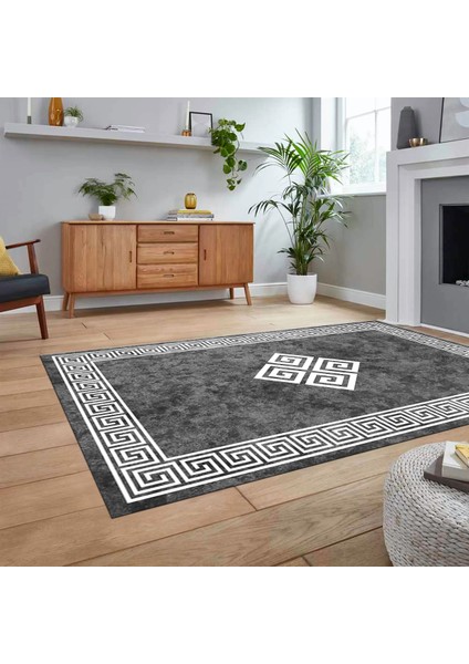 Dijital Baskılı Kaymaz Taban Yıkanabilir Çerçeveli Mutfak Salon Halısı, V-Çerçeveli-01-Gri,