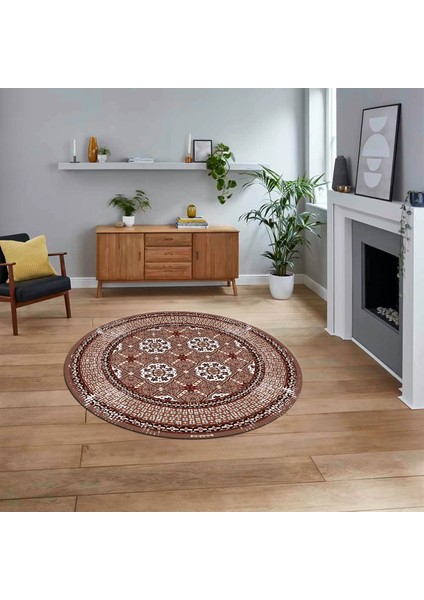 Dijital Kaymaz Taban Yıkanabilir Yuvarlak Çerçeveli Mutfak Salon Halısı, V-Y-Çerçeveli-26-Kahve,