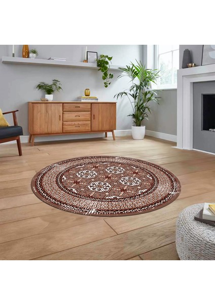 Dijital Kaymaz Taban Yıkanabilir Yuvarlak Çerçeveli Mutfak Salon Halısı, V-Y-Çerçeveli-26-Kahve,