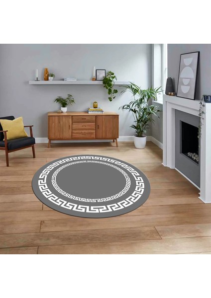 Dijital Kaymaz Taban Yıkanabilir Yuvarlak Çerçeveli Mutfak Salon Halısı, V-Y-Çerçeveli-47-Gri,