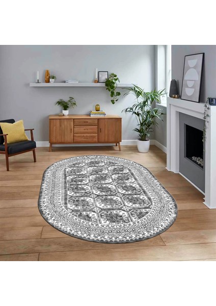 Dijital Kaymaz Taban Yıkanabilir Oval Çerçeveli Mutfak Salon Halısı, V-O-Çerçeveli-20-Gri,