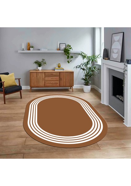 Dijital Kaymaz Taban Yıkanabilir Oval Çerçeveli Mutfak Salon Halısı, V-O-Çerçeveli-07-Kahve,