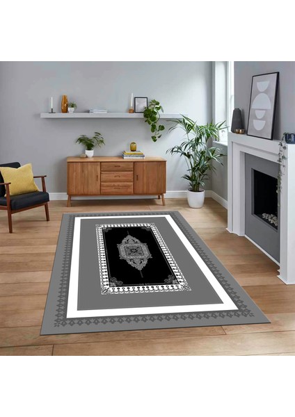 Dijital Baskılı Kaymaz Taban Yıkanabilir Çerçeveli Mutfak Salon Halısı, V-Çerçeveli-23-Gri,