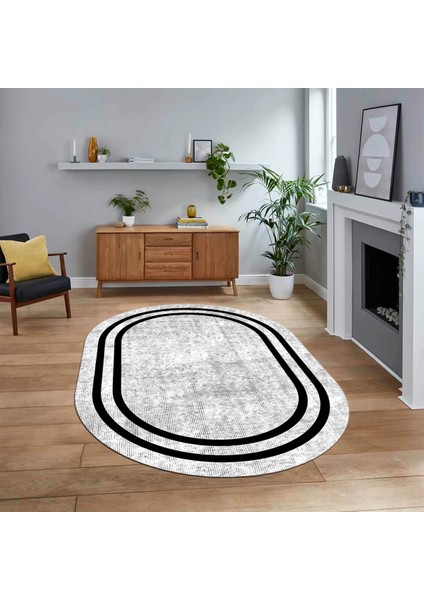 Dijital Kaymaz Taban Yıkanabilir Oval Çerçeveli Mutfak Salon Halısı, V-O-Çerçeveli-30-Beyaz,