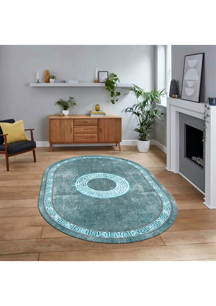 Dijital Kaymaz Taban Yıkanabilir Oval Çerçeveli Mutfak Salon Halısı, V-O-Çerçeveli-12-Mavi,