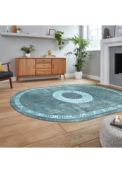 Dijital Kaymaz Taban Yıkanabilir Oval Çerçeveli Mutfak Salon Halısı, V-O-Çerçeveli-12-Mavi,