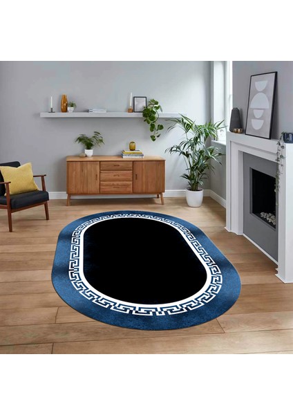Dijital Kaymaz Taban Yıkanabilir Oval Çerçeveli Mutfak Salon Halısı, V-O-Çerçeveli-11-Mavi,