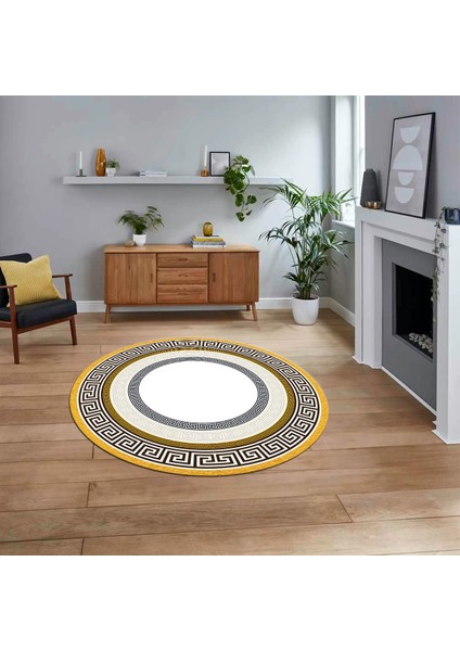 Dijital Kaymaz Taban Yıkanabilir Yuvarlak Çerçeveli Mutfak Salon Halısı, V-Y-Çerçeveli-03-Gold,