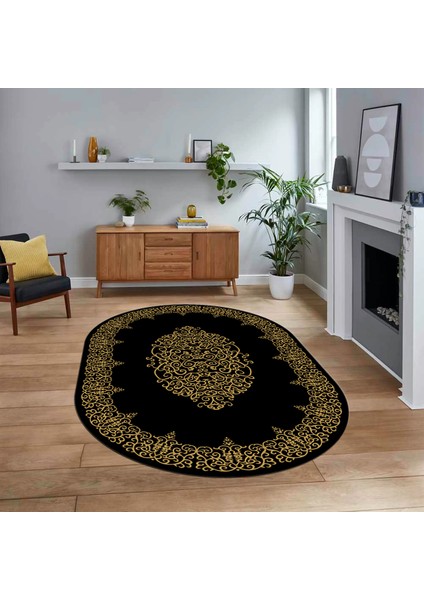 Dijital Kaymaz Taban Yıkanabilir Oval Çerçeveli Mutfak Salon Halısı, V-O-Çerçeveli-22-Siyah,