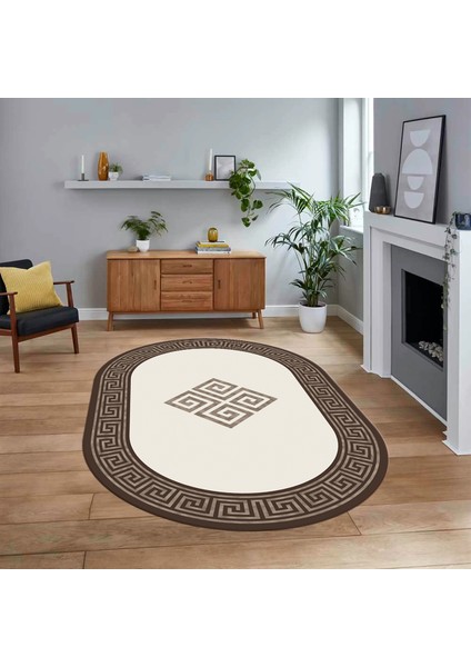 Dijital Kaymaz Taban Yıkanabilir Oval Çerçeveli Mutfak Salon Halısı, V-O-Çerçeveli-01-Kahve,