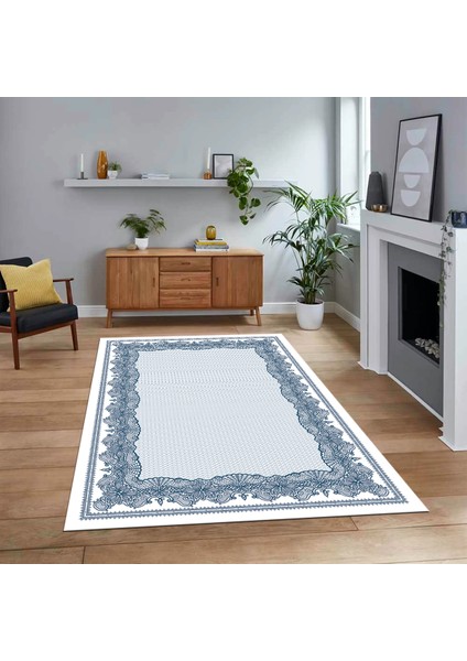 Dijital Baskılı Kaymaz Taban Yıkanabilir Çerçeveli Mutfak Salon Halısı, V-Çerçeveli-34-Mavi,