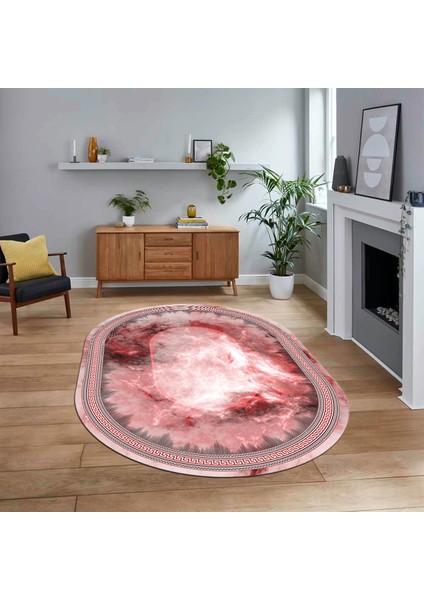 Dijital Kaymaz Taban Yıkanabilir Oval Çerçeveli Mutfak Salon Halısı, V-O-Çerçeveli-25-Pembe,