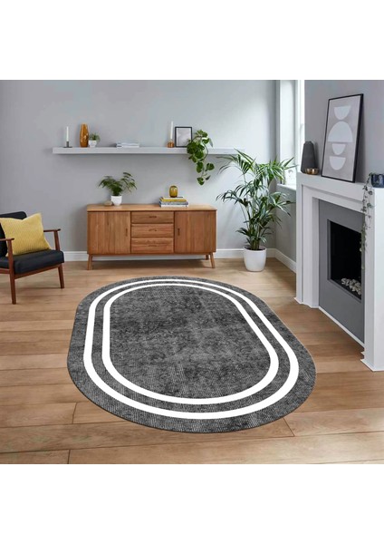 Dijital Kaymaz Taban Yıkanabilir Oval Çerçeveli Mutfak Salon Halısı, V-O-Çerçeveli-30-Gri,