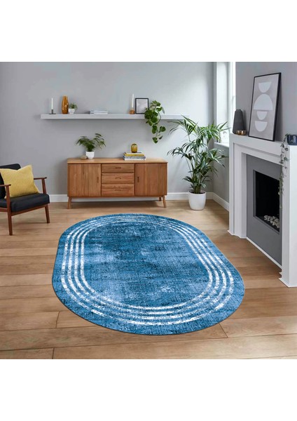 Dijital Kaymaz Taban Yıkanabilir Oval Çerçeveli Mutfak Salon Halısı, V-O-Çerçeveli-32-Mavi,