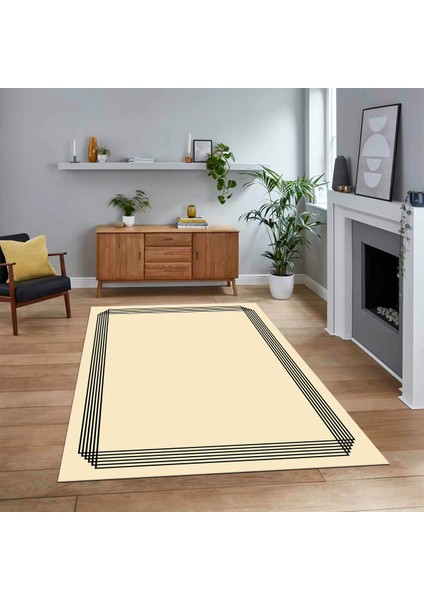 Dijital Baskılı Kaymaz Taban Yıkanabilir Çerçeveli Mutfak Salon Halısı, V-Çerçeveli-45-Krem,