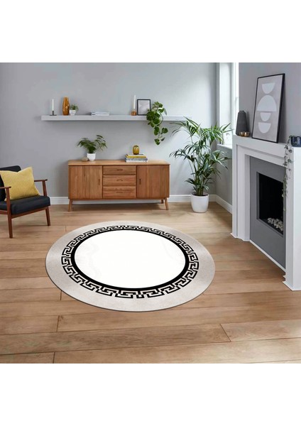 Dijital Kaymaz Taban Yıkanabilir Yuvarlak Çerçeveli Mutfak Salon Halısı, V-Y-Çerçeveli-11-Krem,