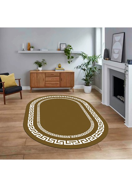 Dijital Kaymaz Taban Yıkanabilir Oval Çerçeveli Mutfak Salon Halısı, V-O-Çerçeveli-47-Kahve,