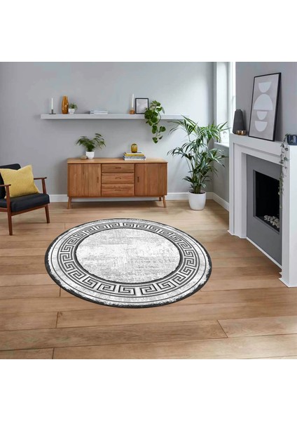 Dijital Kaymaz Taban Yıkanabilir Yuvarlak Çerçeveli Mutfak Salon Halısı, V-Y-Çerçeveli-09-Gri,