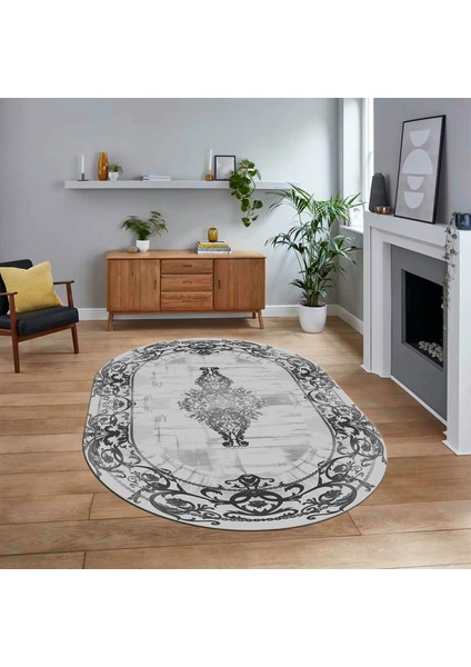Dijital Kaymaz Taban Yıkanabilir Oval Çerçeveli Mutfak Salon Halısı, V-O-Çerçeveli-19-Gri,