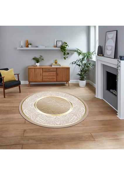 Dijital Kaymaz Taban Yıkanabilir Yuvarlak Çerçeveli Mutfak Salon Halısı, V-Y-Çerçeveli-37-Gold,