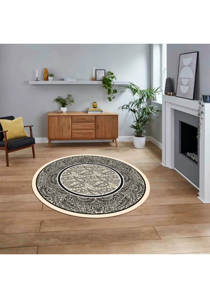 Dijital Kaymaz Taban Yıkanabilir Yuvarlak Çerçeveli Mutfak Salon Halısı, V-Y-Çerçeveli-37-Krem,