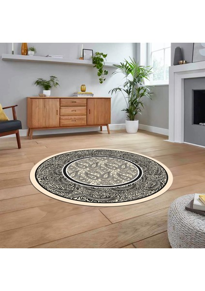 Dijital Kaymaz Taban Yıkanabilir Yuvarlak Çerçeveli Mutfak Salon Halısı, V-Y-Çerçeveli-37-Krem, fiyatları