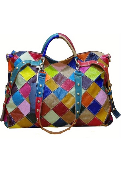 Tcherchı Renk Bloğu Ekose Büyük Kapasiteli Tote Çanta (Yurt Dışından)